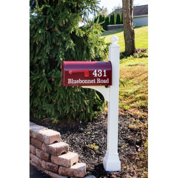 Janzer Mailbox System - Burgundy Colored Mailbox with Post Cuff Installed on White Executive Post - SP-JB-PC-WEP